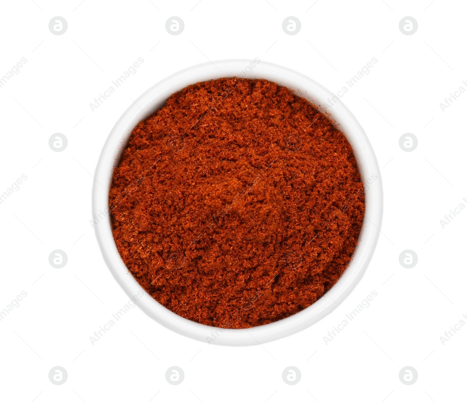 Photo of Bowl with aromatic paprika powder isolated on white, top view