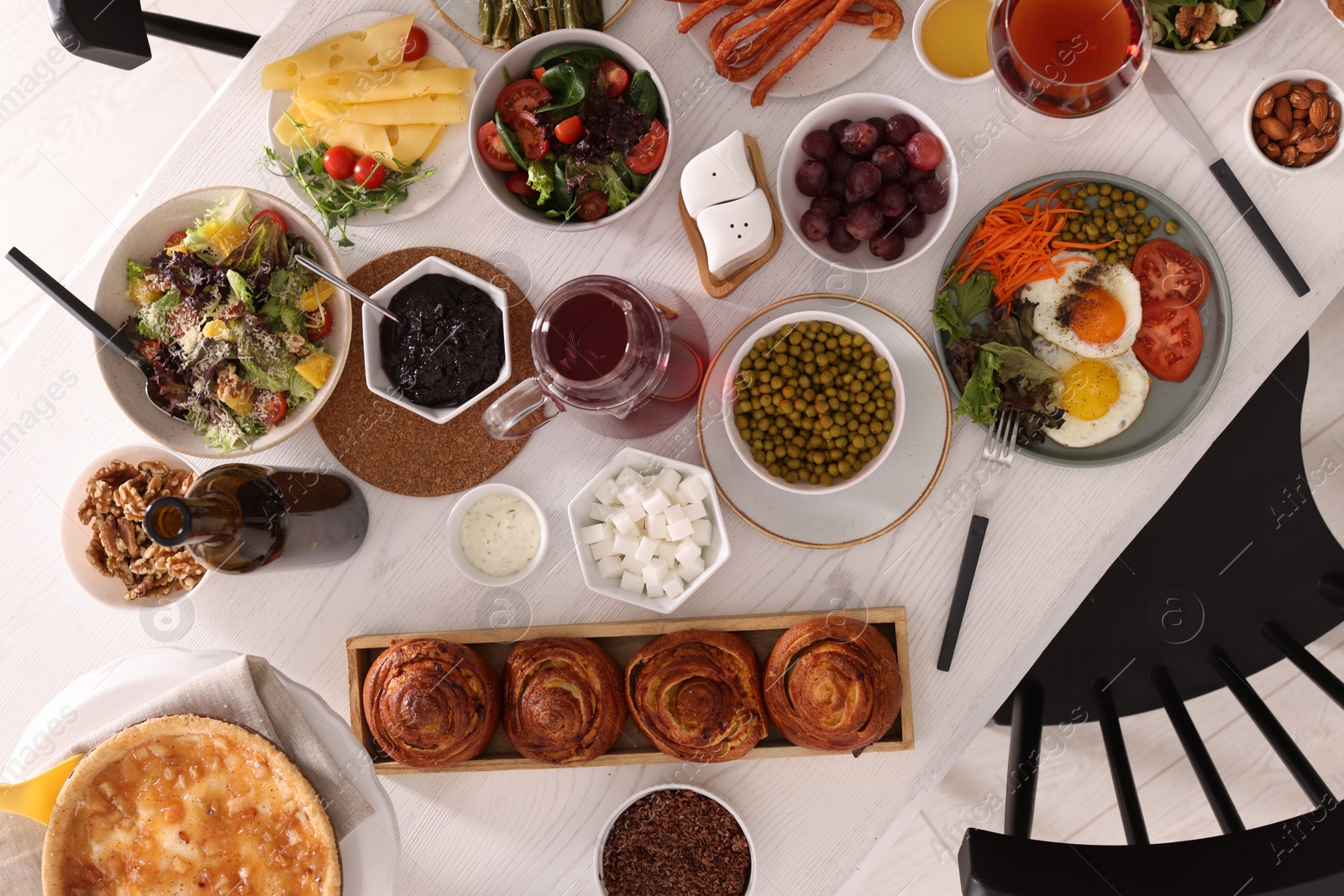 Photo of Many different dishes served on buffet table for brunch, flat lay