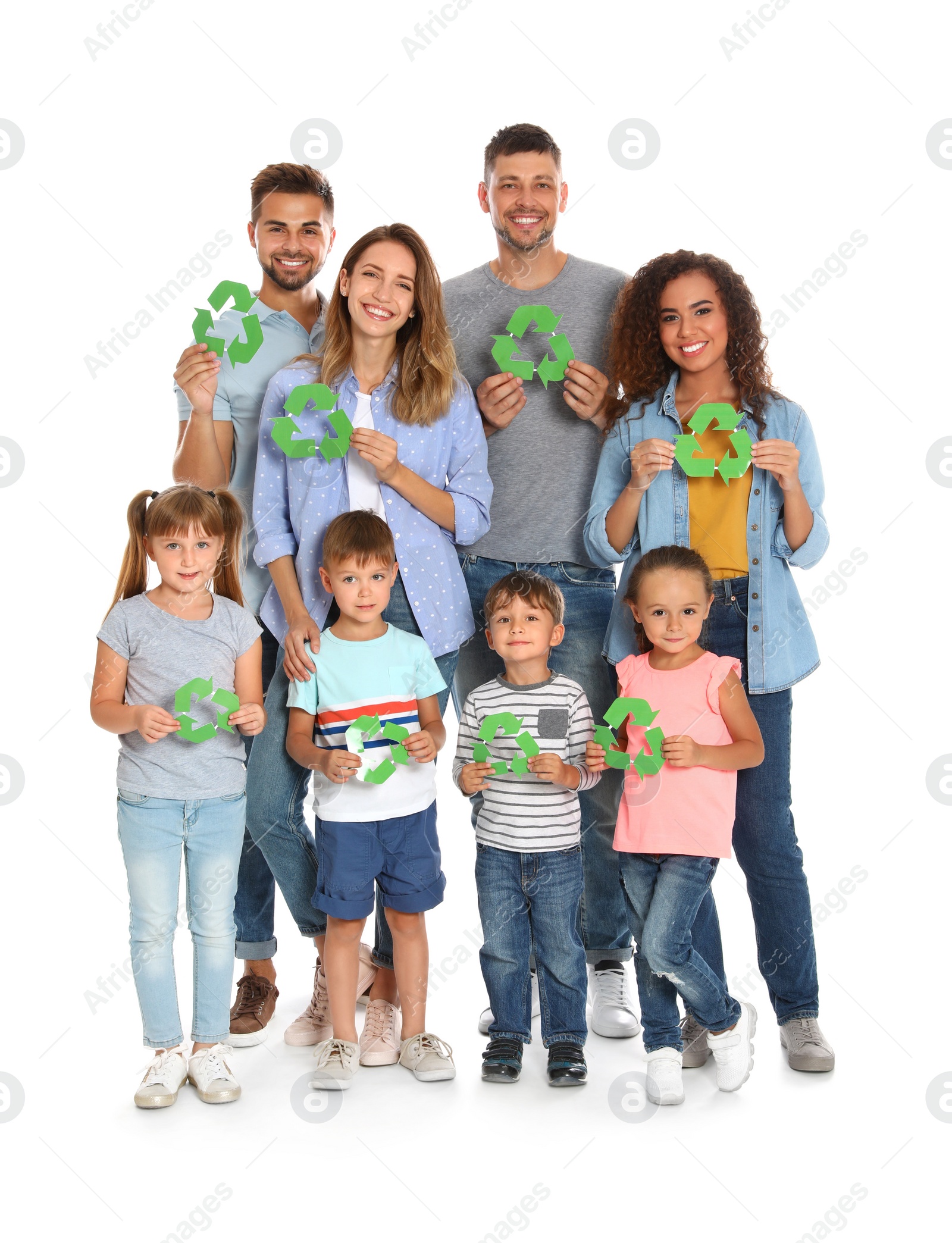 Photo of Group of people with recycling symbols on white background