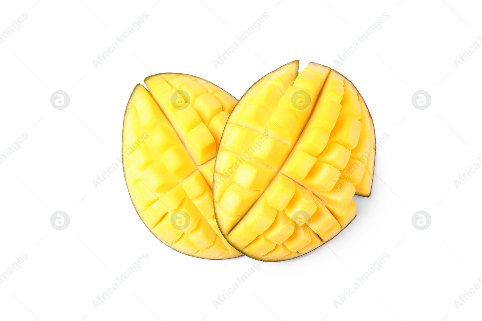 Photo of Fresh juicy mango halves isolated on white