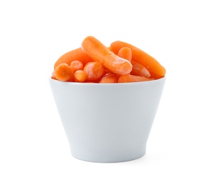 Photo of Bowl with frozen carrots on white background. Vegetable preservation