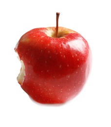 Photo of Ripe red apple with bite mark on white background