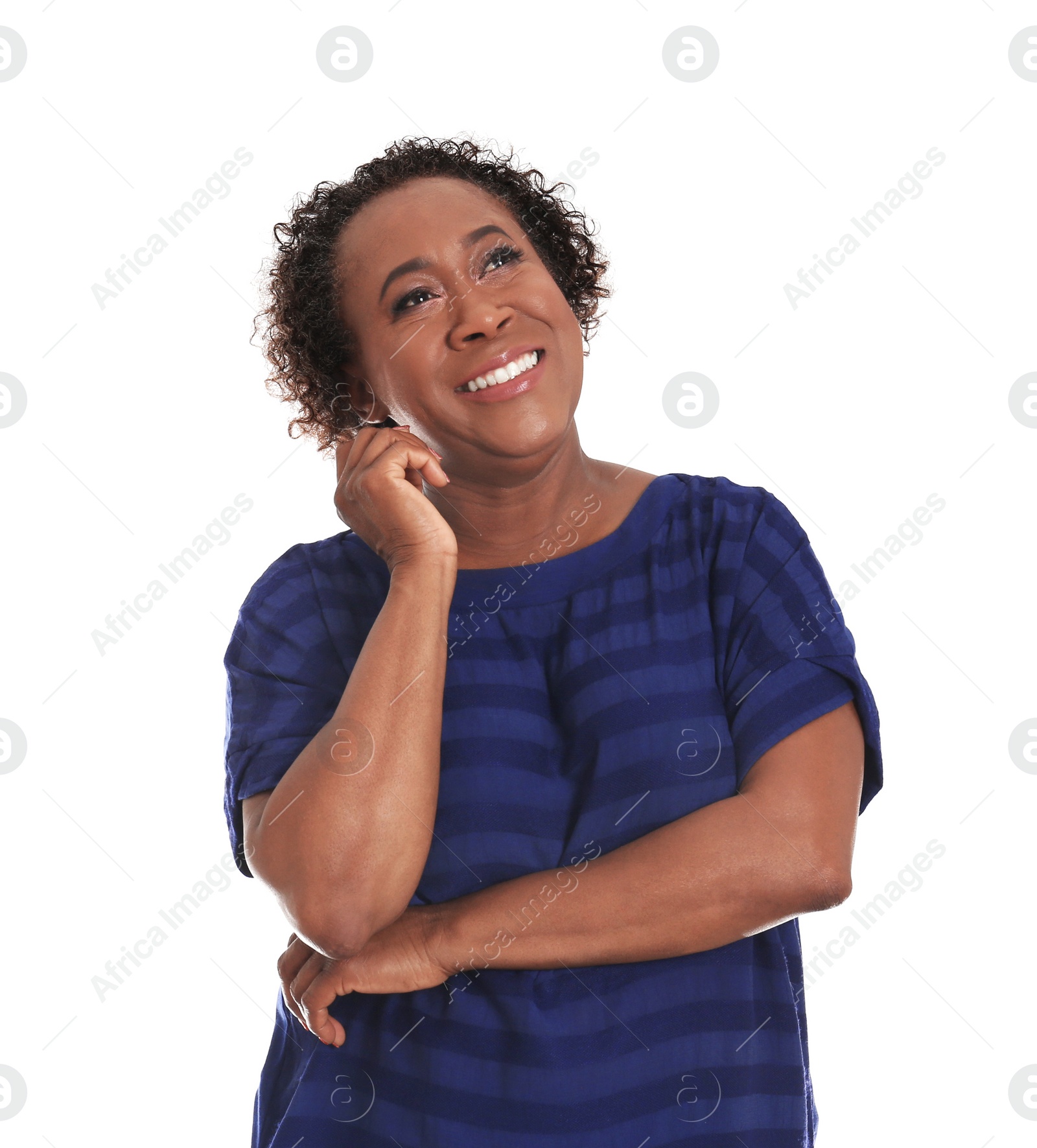 Photo of Portrait of happy African-American woman on white background