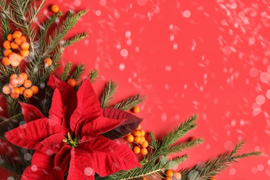 Image of Flat lay composition with traditional Christmas poinsettia flower and space for text on red background. Snowfall effect