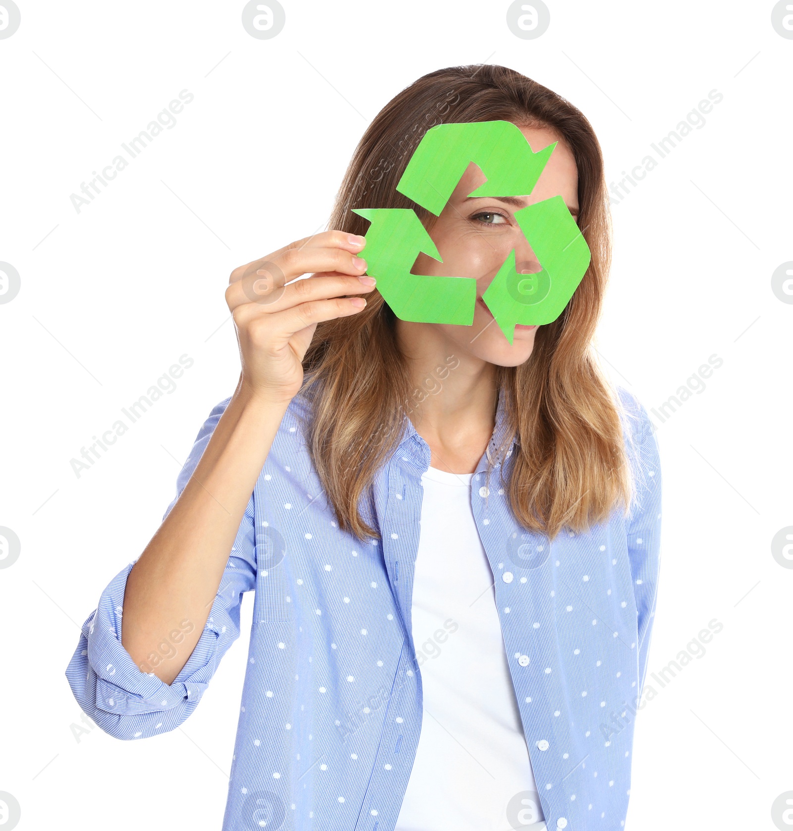 Photo of Young woman with recycling symbol on white background