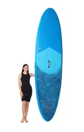 Happy woman with blue SUP board on white background