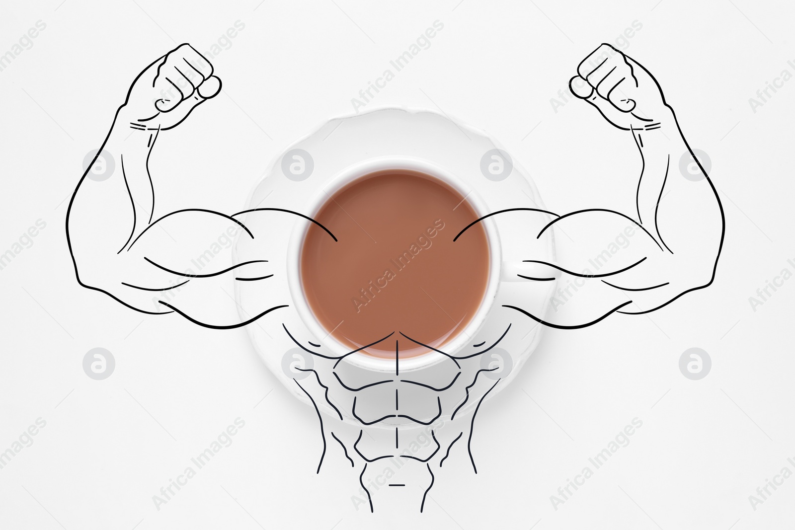 Image of Cup of tasty tea with milk and illustration of bodybuilder on white background, top view