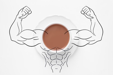 Cup of tasty tea with milk and illustration of bodybuilder on white background, top view