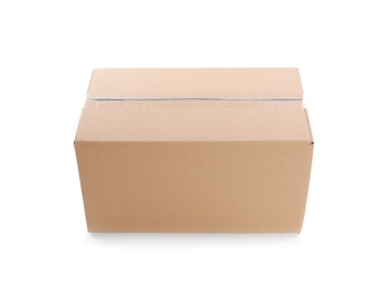 Photo of Cardboard parcel box on white background. Mockup for design