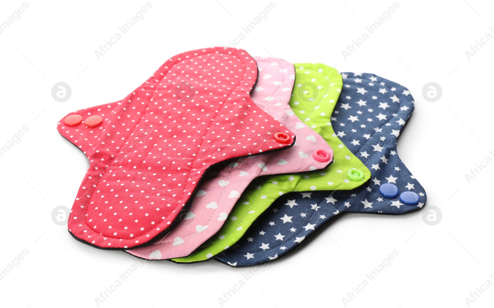 Photo of Many cloth menstrual pads on white background. Reusable female hygiene product