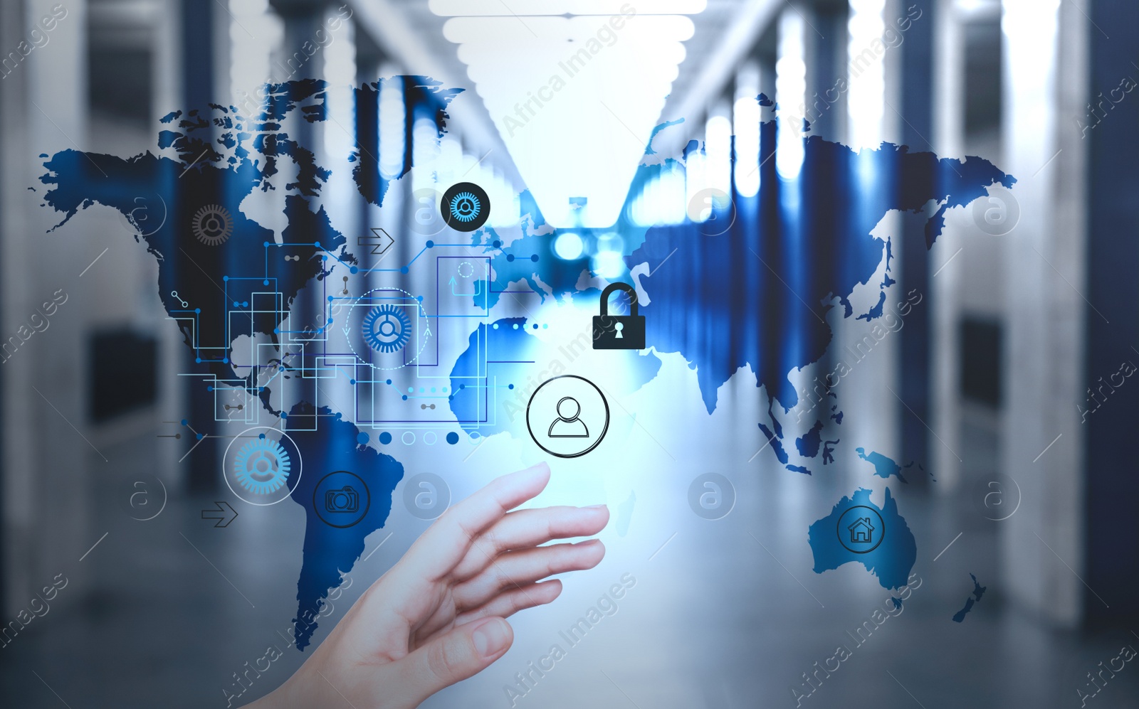 Image of Woman activating protection against cyber attack, closeup. Digital icons and world map