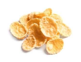 Photo of Crispy cornflakes on white background. Healthy breakfast
