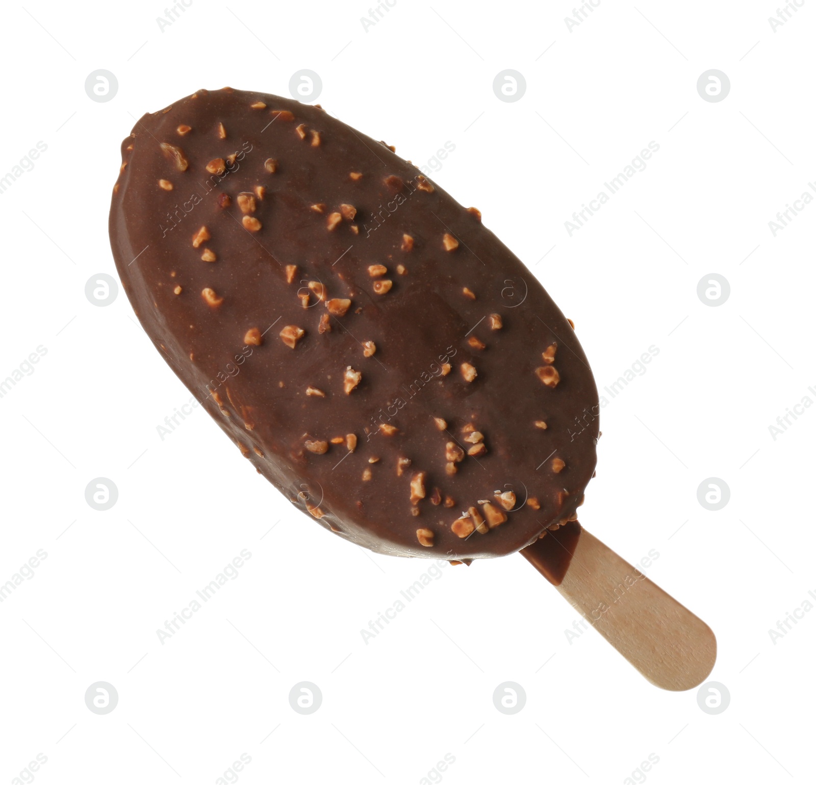 Photo of Woman holding delicious ice cream with chocolate against white background