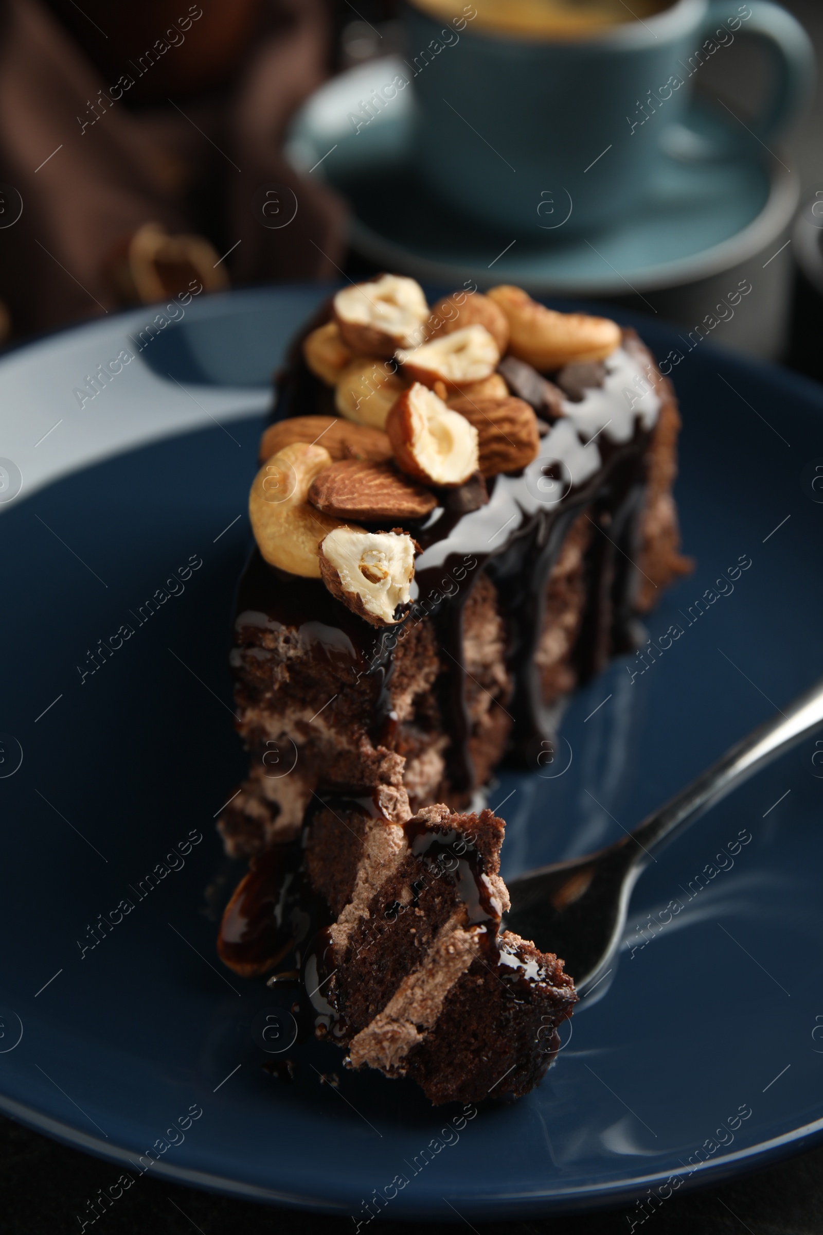 Photo of Piece of tasty homemade chocolate cake with nuts on plate, closeup