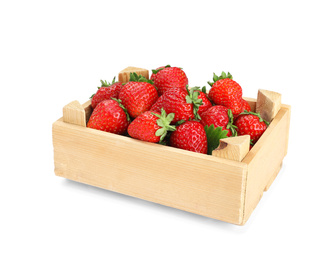 Photo of Fresh ripe red strawberries in wooden crate isolated on white