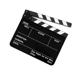 Photo of One movie clapper isolated on white. Film industry