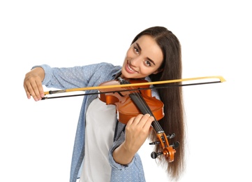 Beautiful woman playing violin on white background