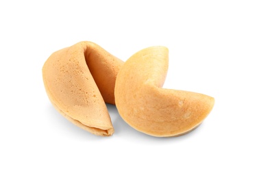 Photo of Traditional homemade fortune cookies on white background