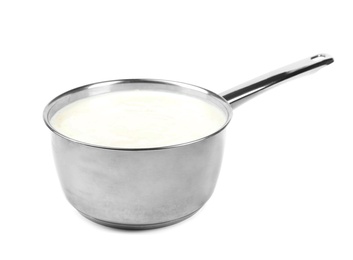 Photo of Delicious creamy sauce in pan on white background