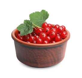 Tasty ripe redcurrants and green leaves in bowl isolated on white