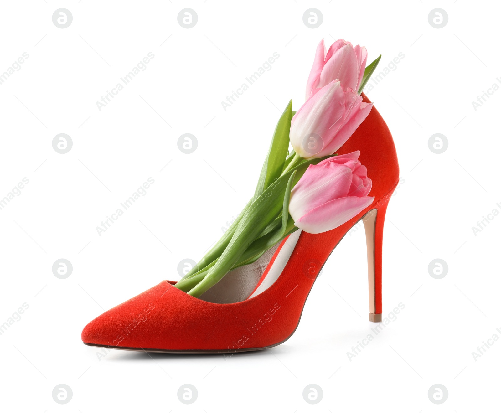 Photo of Stylish lady's shoe and beautiful spring tulips on white background. International Women's Day