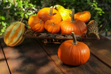 Many ripe orange pumpkins on wooden table outdoors