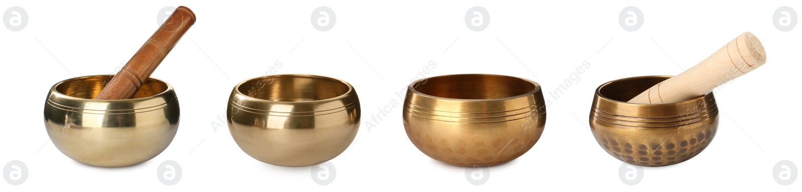 Image of Set with Tibetan singing bowls on white background. Banner design