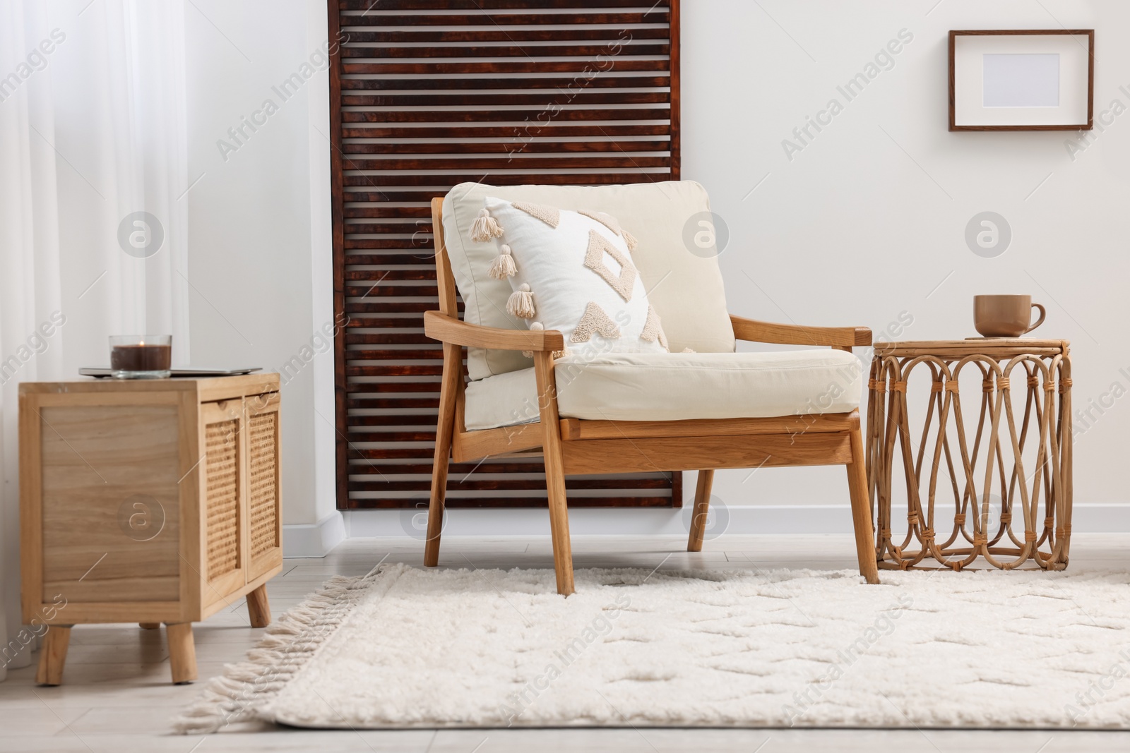 Photo of Stylish living room with soft white carpet and furniture. Interior design