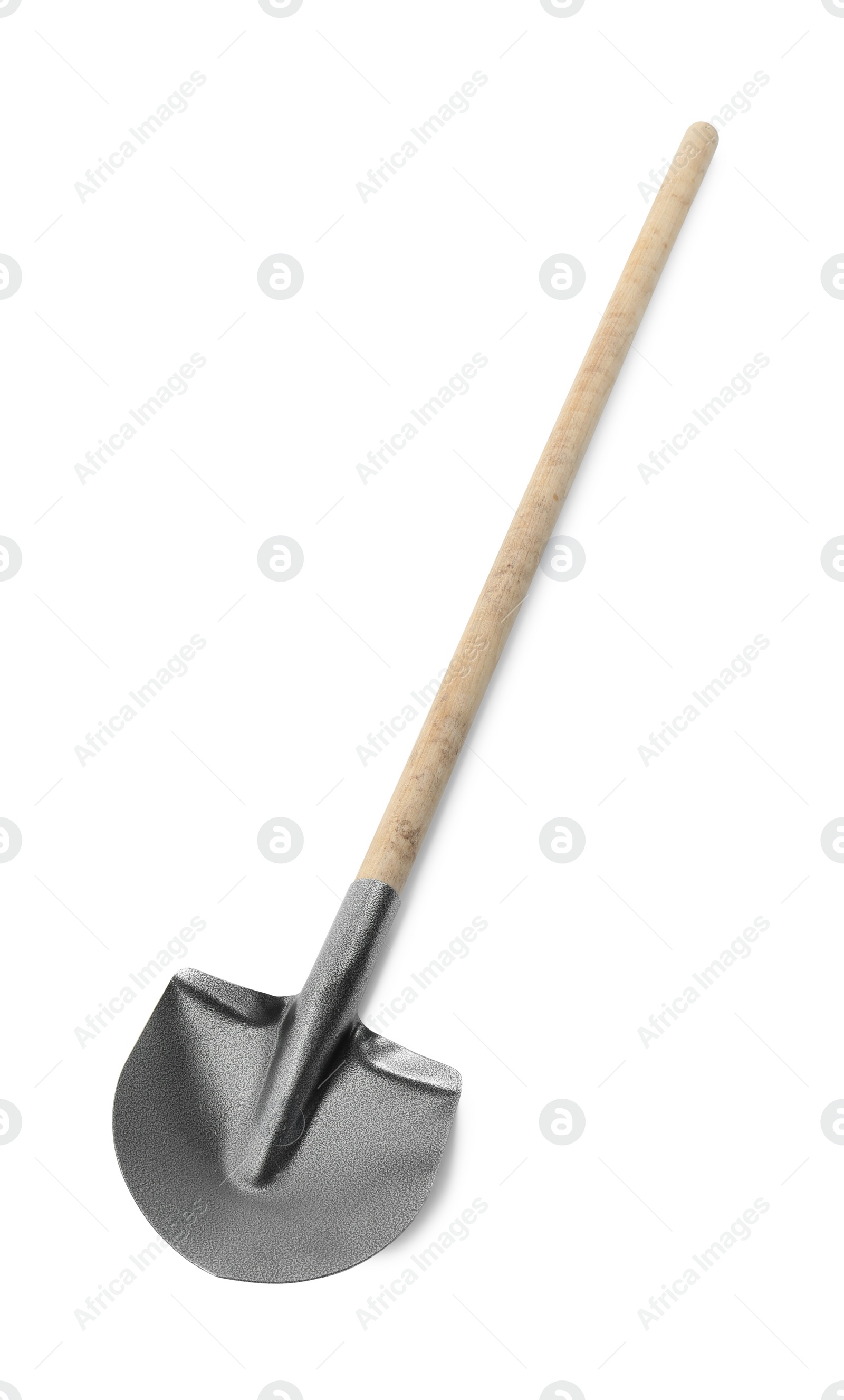One new shovel with wooden handle isolated on white. Gardening tool Photo of One new shovel with wooden handle isolated on white. Gardening tool