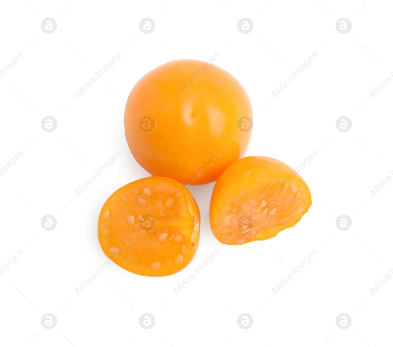 Photo of Ripe physalis fruits isolated on white, top view