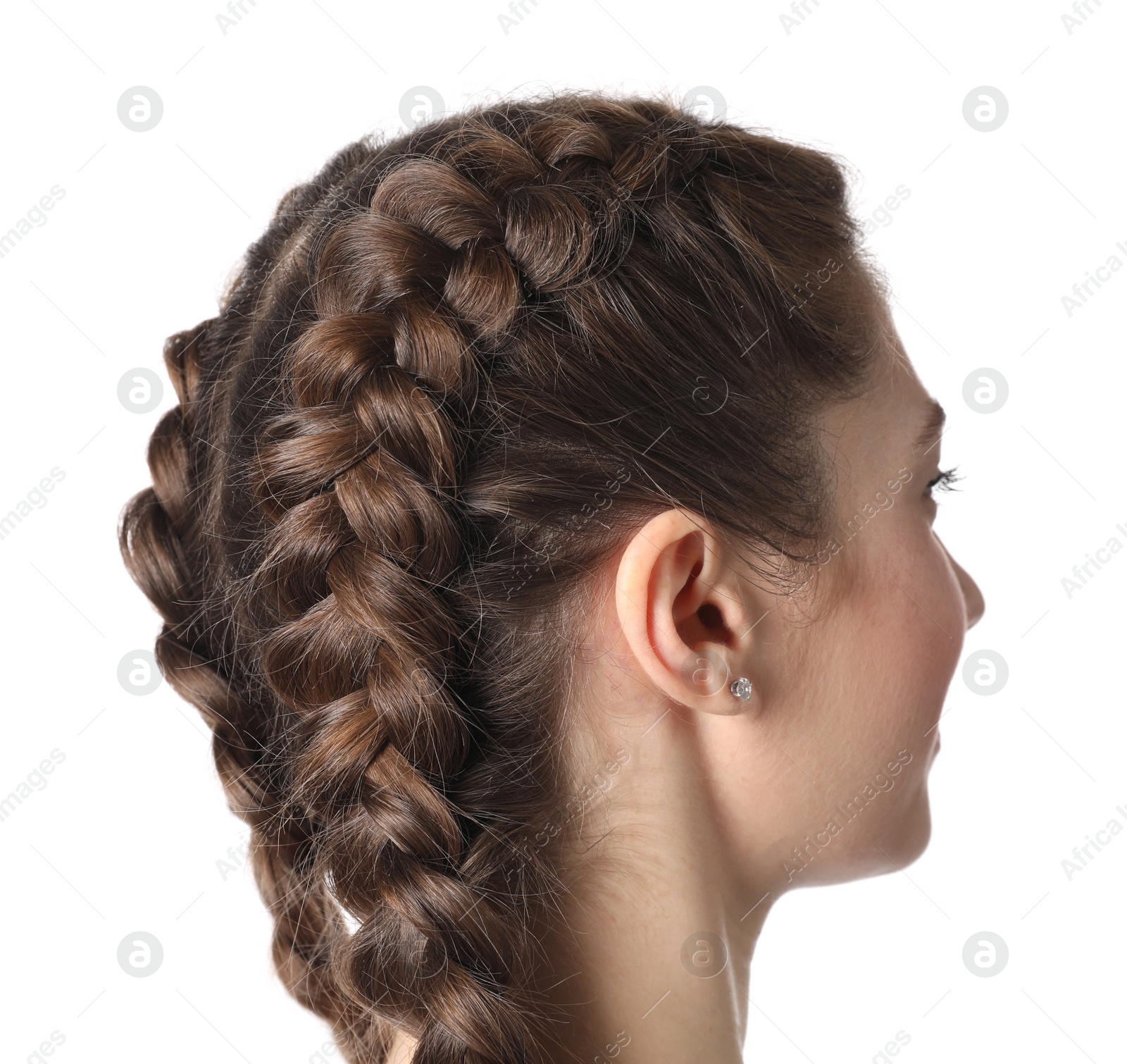 Photo of Woman with braided hair on light background