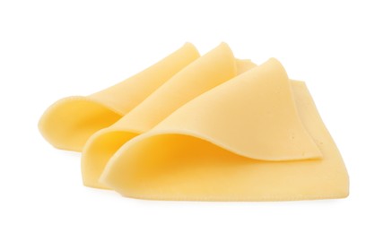 Slices of tasty fresh cheese isolated on white