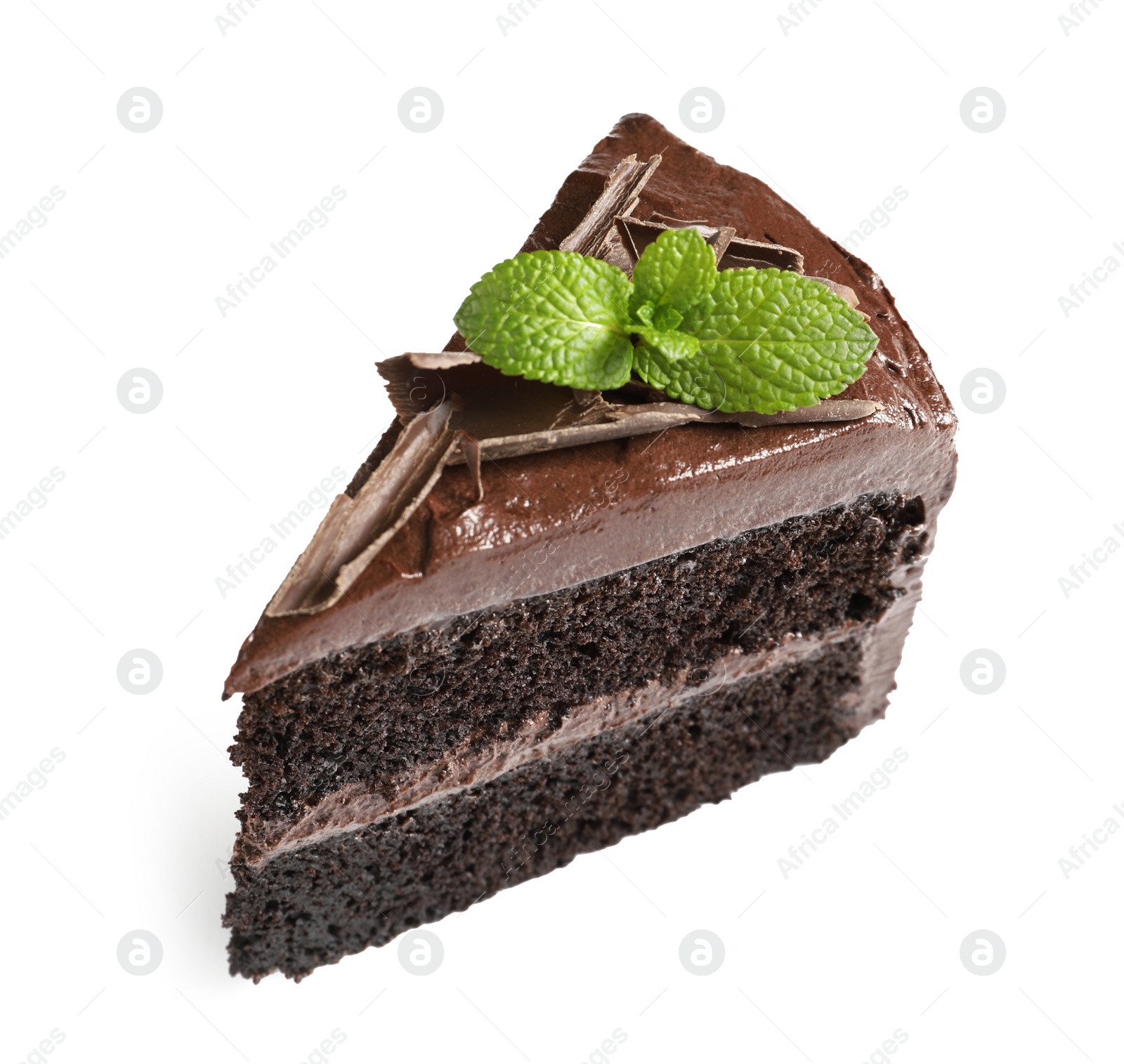 Photo of Piece of tasty homemade chocolate cake with mint on white background