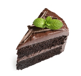 Piece of tasty homemade chocolate cake with mint on white background