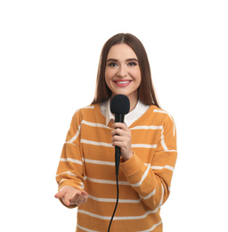 Young female journalist with microphone on white background