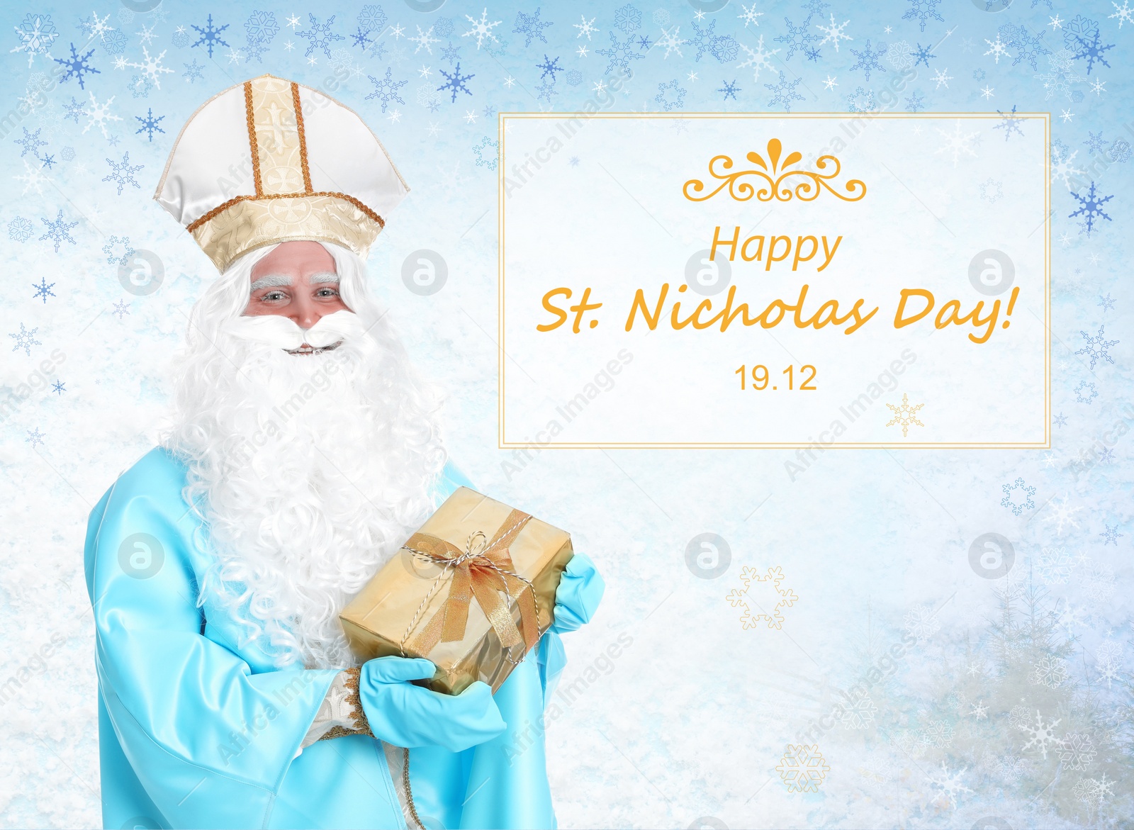 Image of Greeting card design. Saint Nicholas with present on light background