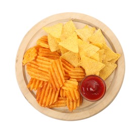Tasty tortilla and ridged chips with ketchup on white background, top view