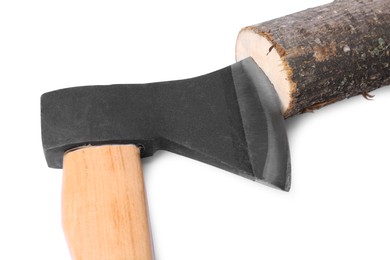 Photo of Metal ax in wooden log on white background