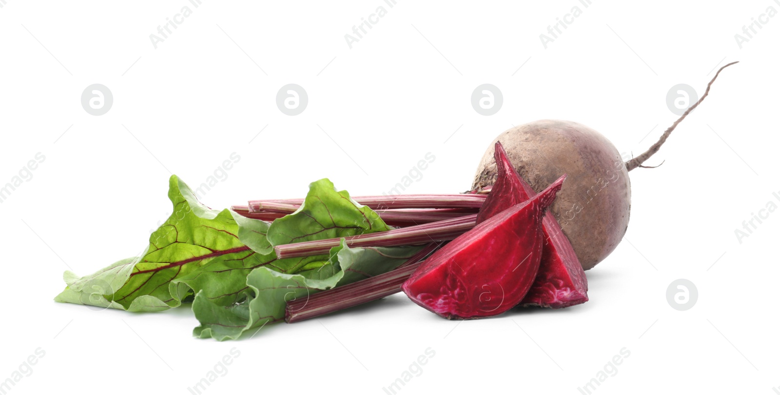 Photo of Whole and cut red beets on white background