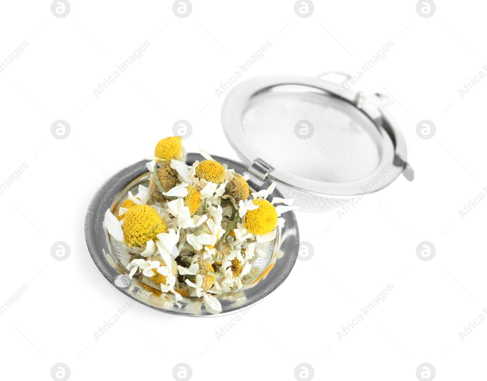 Photo of Dry chamomile flowers in infuser isolated on white