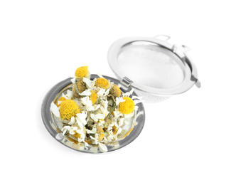 Photo of Dry chamomile flowers in infuser isolated on white