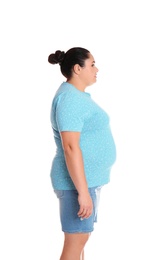 Photo of Fat woman on white background. Weight loss