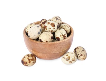 Wooden bowl and quail eggs isolated on white