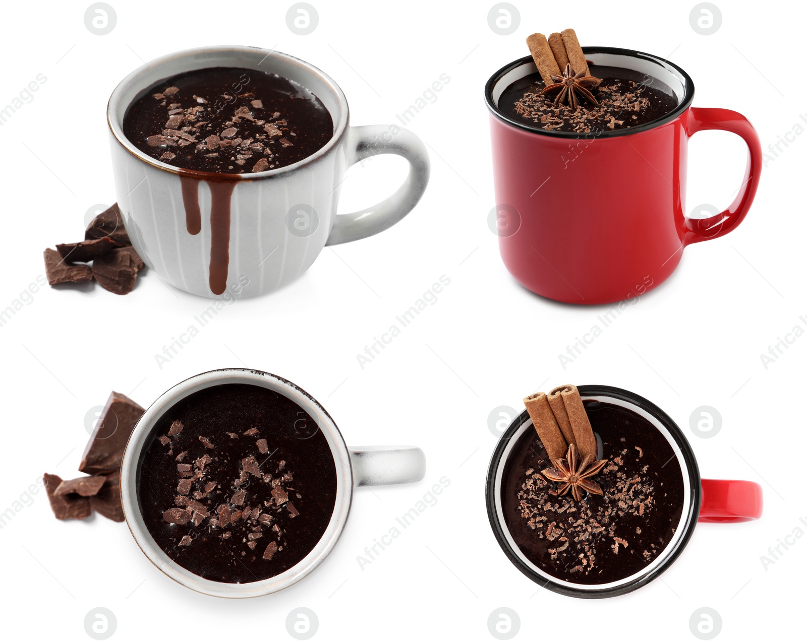 Image of Delicious hot chocolate in cups isolated on white, top and side views