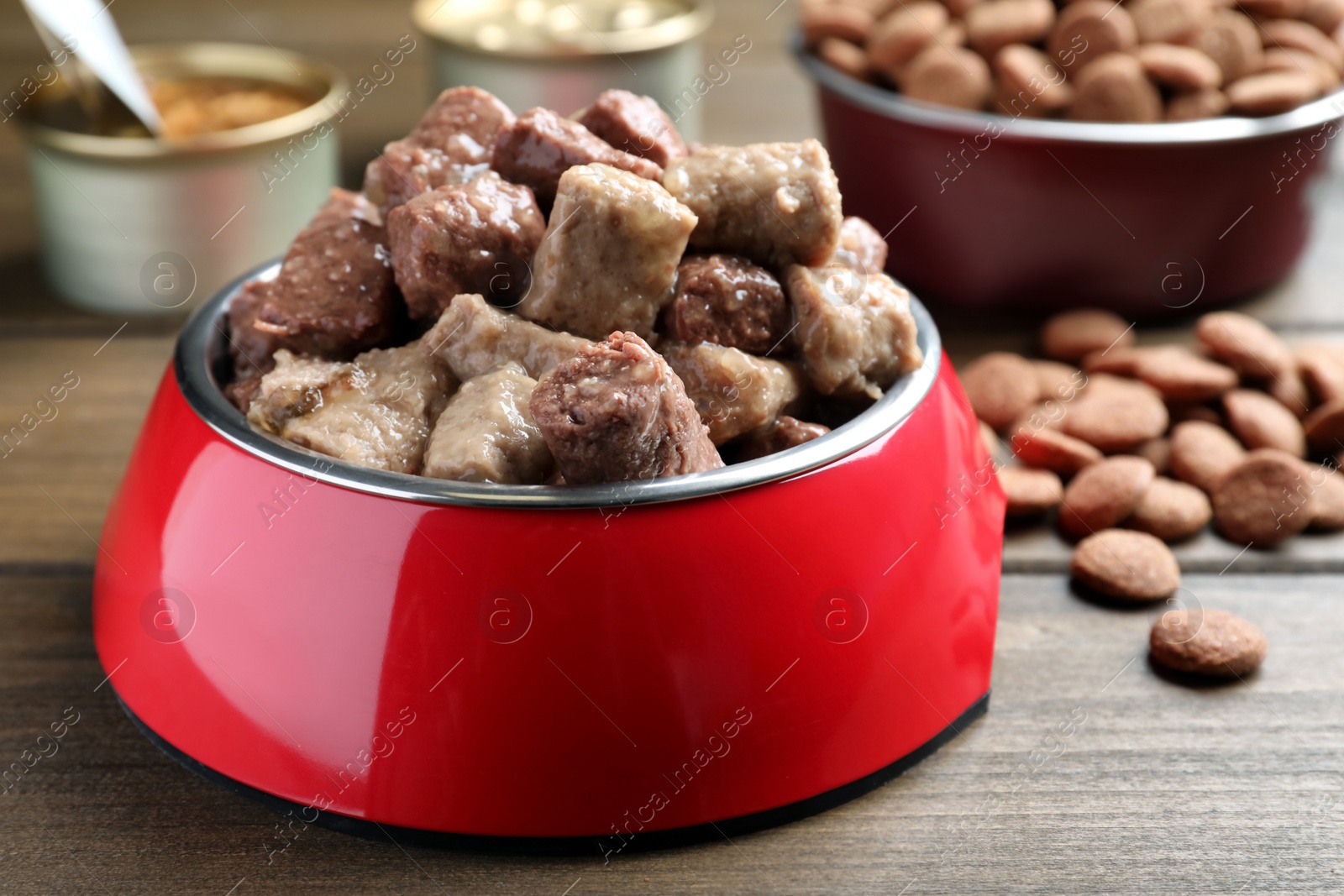 Photo of Wet pet food in feeding bowl on wooden table, closeup
