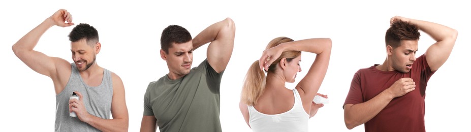 Collage with photos of people applying deodorants to armpits and with sweat stains on clothes against white background. Banner design