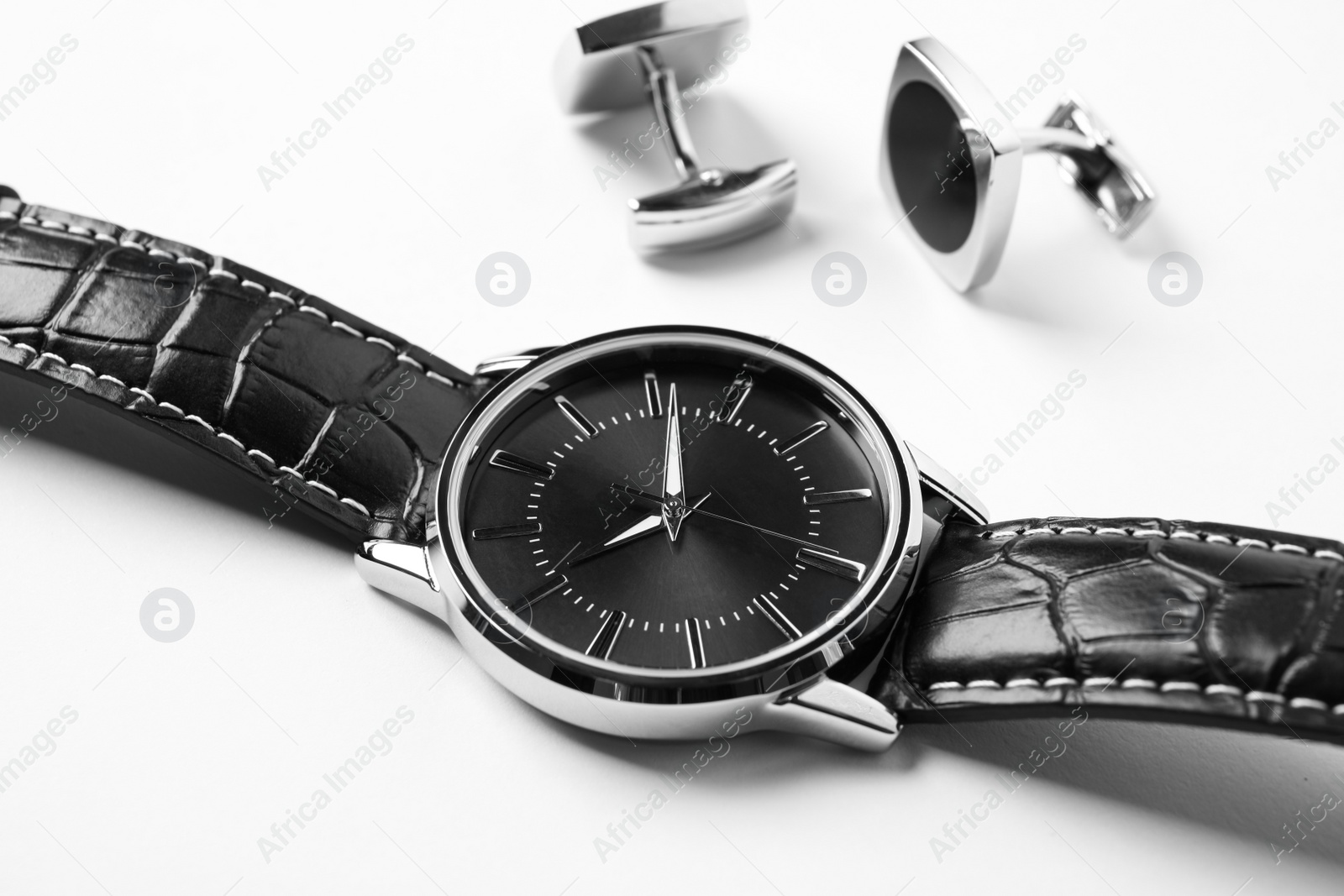 Photo of Luxury wrist watch on white background. Fashion accessory