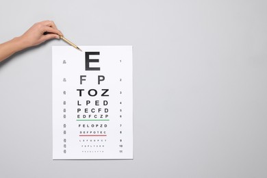 Photo of Ophthalmologist pointing at vision test chart on gray background, closeup. Space for text