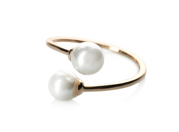 Photo of Elegant golden ring with pearls isolated on white