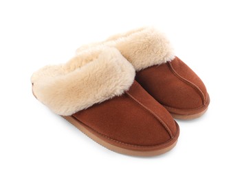 Pair of soft slippers with fur isolated on white